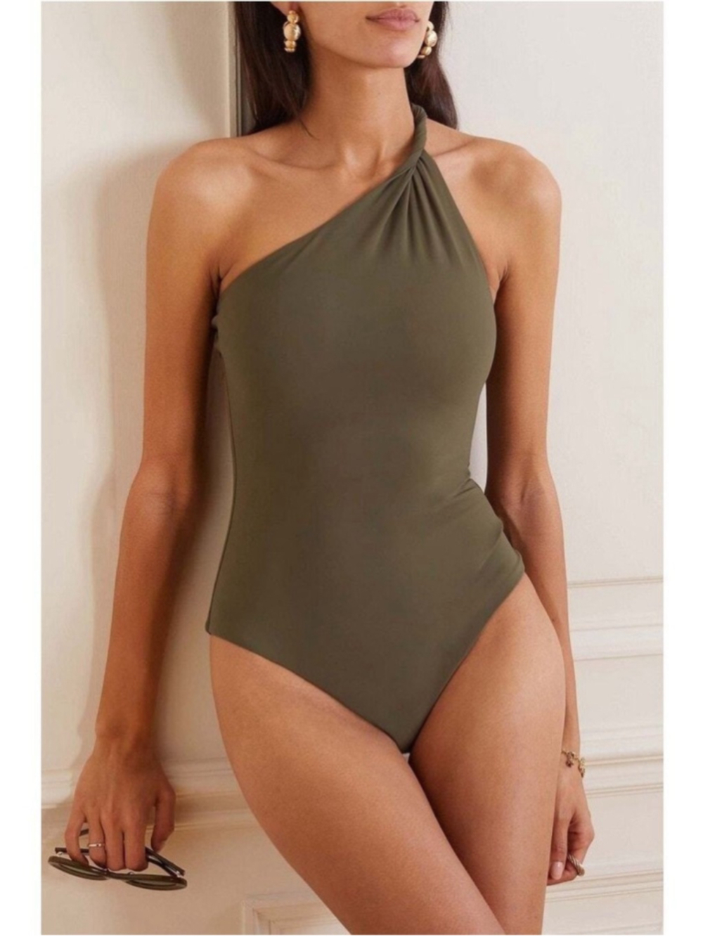 NWT Toteme Twist Strap One Shoulder Swimsuit One piece dark olive sz xxs
